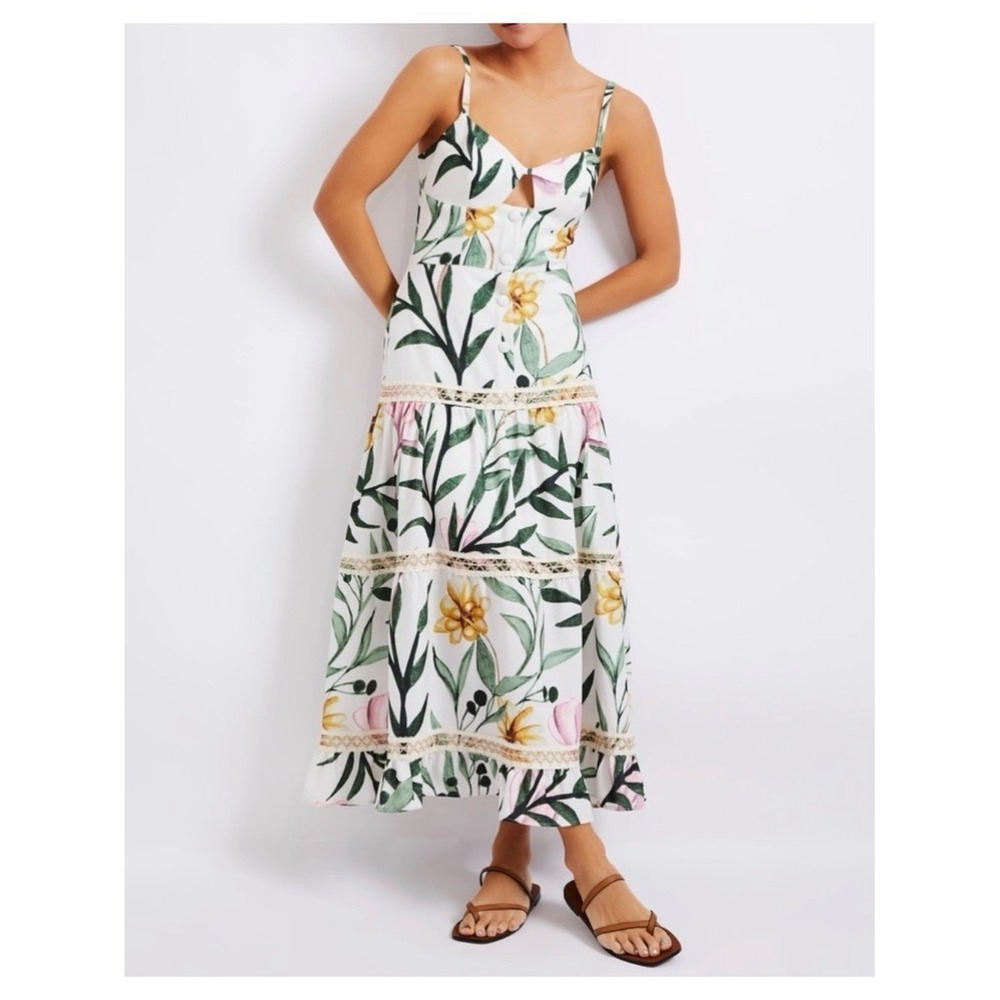 PatBO Jasmine fitted tropical-print midi dress size 10